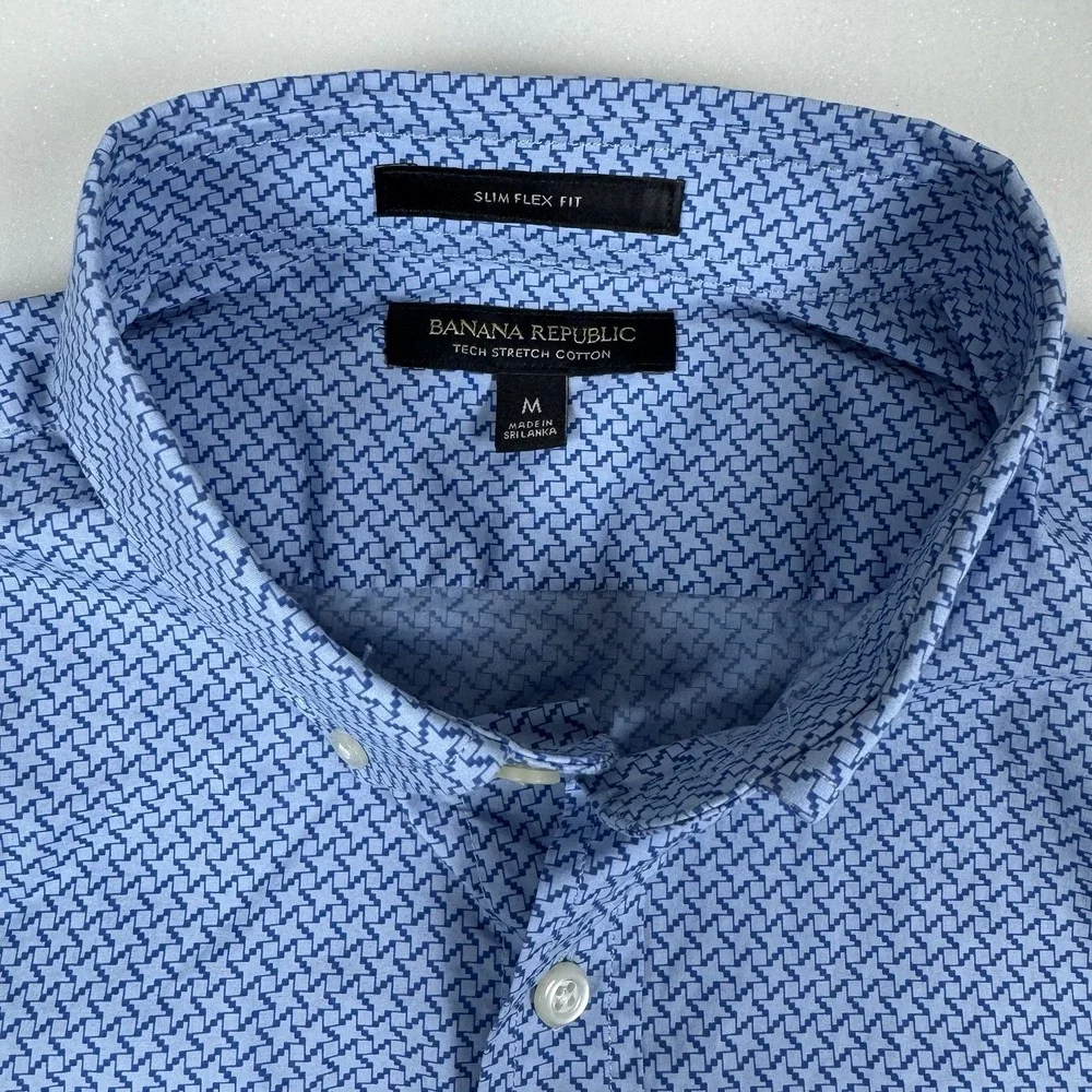 Banana Republic Men M Blue Geometric Print Tech Stretch Slim Flex Fit Shirt
